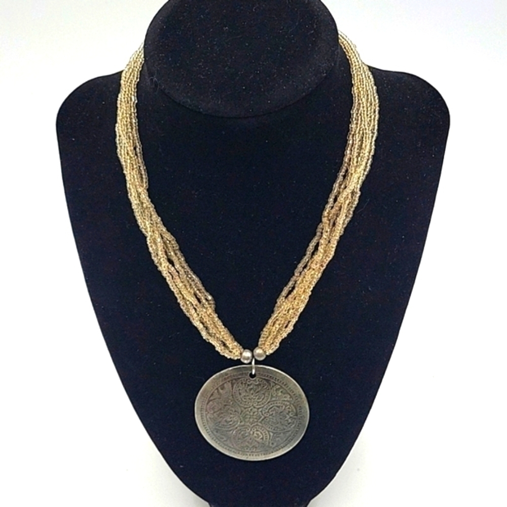 Vintage Multistrand Necklace w/ Round Western Style Silver Pendant